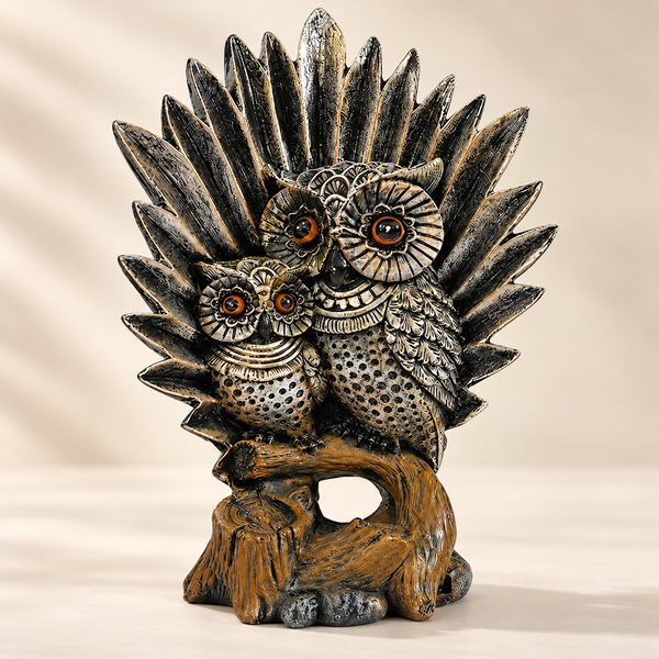 WellHomes™ Owl Family Decorative Statue – Antique Silver Owl Family Figurine with Tree Base for Home Décor