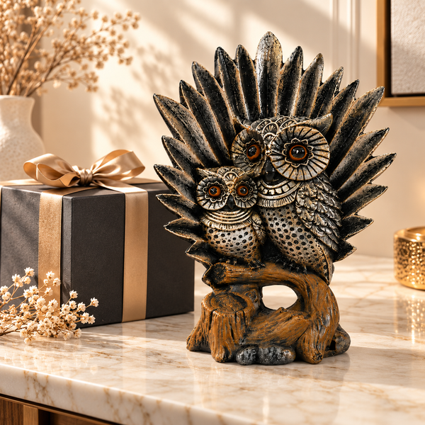 WellHomes™ Owl Family Decorative Statue – Antique Silver Owl Family Figurine with Tree Base for Home Décor
