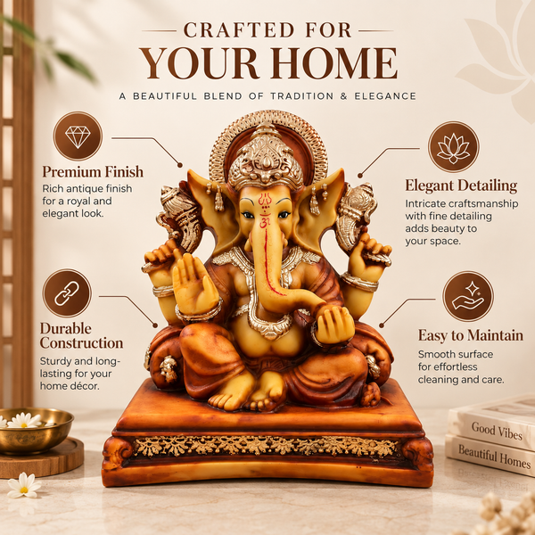 WellHomes™ Premium Lord Ganesha Idol | Antique Finish Ganesh Statue for Home, Office & Puja Décor