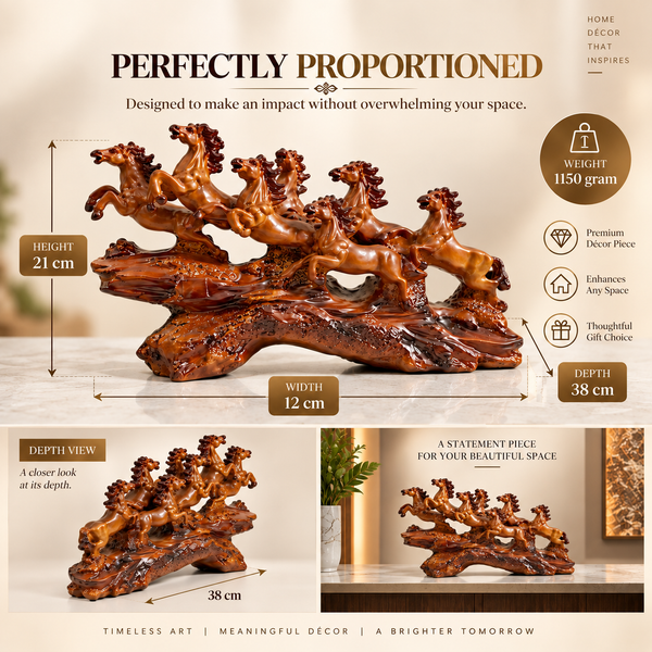 WellHomes™ 7 Running Horses Statue for Home Decor – 15Inches Premium Brown Decorative Horse Showpiece for Living Room, Office & Entrance