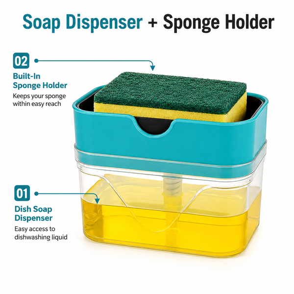 WellHomes 2-in-1 Dish Soap Dispenser with Sponge Holder | Kitchen Sink Organizer|300ml