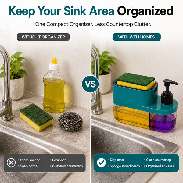 WellHomes™ Kitchen Sink Soap Dispenser with Sponge Holder | 3-in-1 Dish Soap & Liquid Dispenser