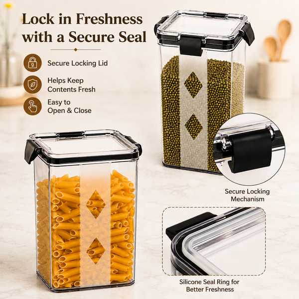 WellHomes Airtight Food Storage Containers Set of 4 | 4pcs ×1100ml | Transparent Kitchen Storage & Pantry Organizer.