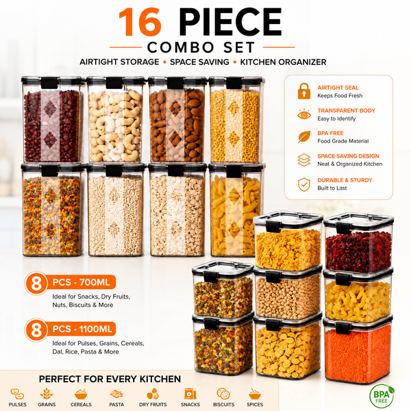 WellHomes Airtight Storage Containers Set of 16 | 8×700ml + 8×1100ml | Transparent Kitchen Pantry Containers (Copy)