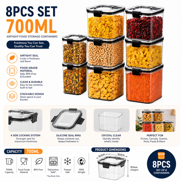WellHomes Airtight Storage Containers Set of 16 | 8×700ml + 8×1100ml | Transparent Kitchen Pantry Containers (Copy)