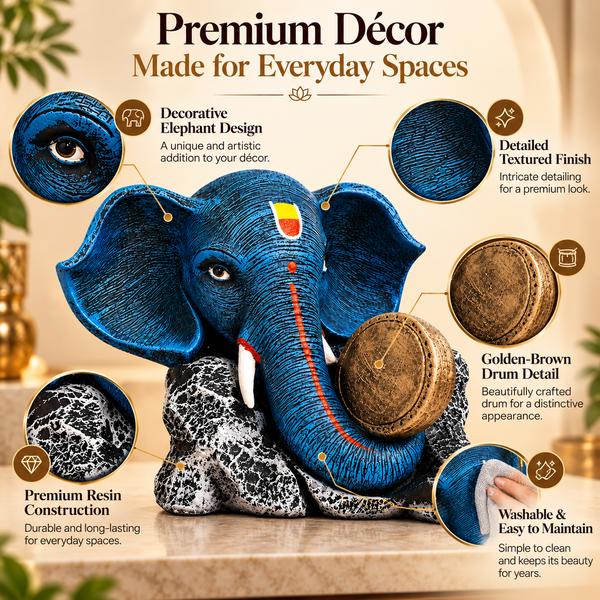WellHomes Blue Ganesha Elephant Drum Showpiece | Premium Resin Decorative Statue for Home & Office Décor