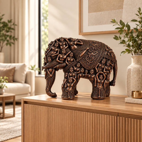 WellHomes™Brwon Human Elephant Sculpture – Intricately Carved Decorative Showpiece for Home Décor