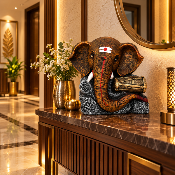 Dholak Antique Brown Ganesha Elephant Sculpture | Premium Luxury Home Décor Statue