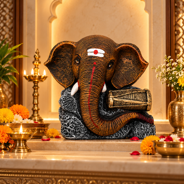 Dholak Antique Brown Ganesha Elephant Sculpture | Premium Luxury Home Décor Statue