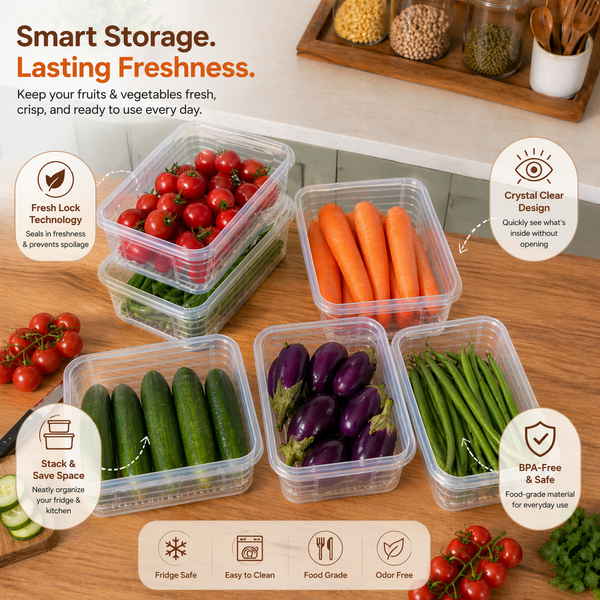 Wellhomes™ Fridge Organizer Storage Boxes Set of 6 (2000 ml Each) with Drain Plate | BPA-Free Stackable Refrigerator Containers for Fruits, Vegetables & Kitchen Storage