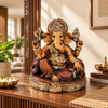 WellHomes™ Antique Brown Ganesha Idol for Home Decor | 17 cm Ganesh Murti Statue with Gold Detailing