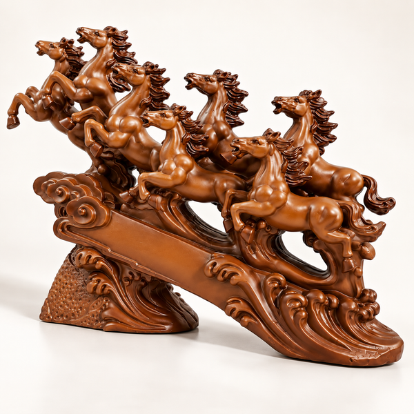 WellHomes™ 7 Running Horses Statue for Home Decor – 19 Inches Premium Brown Decorative Horse Showpiece for Living Room, Office & Entrance