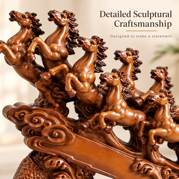 WellHomes™ 7 Running Horses Statue for Home Decor – 19 Inches Premium Brown Decorative Horse Showpiece for Living Room, Office & Entrance