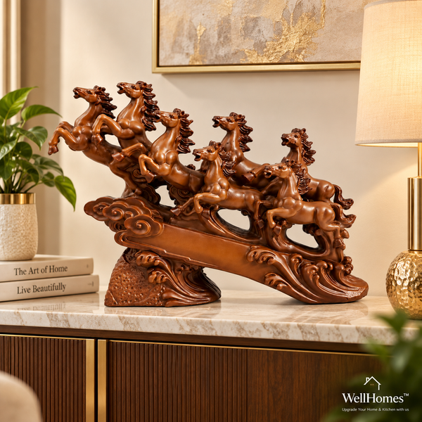WellHomes™ 7 Running Horses Statue for Home Decor – 19 Inches Premium Brown Decorative Horse Showpiece for Living Room, Office & Entrance