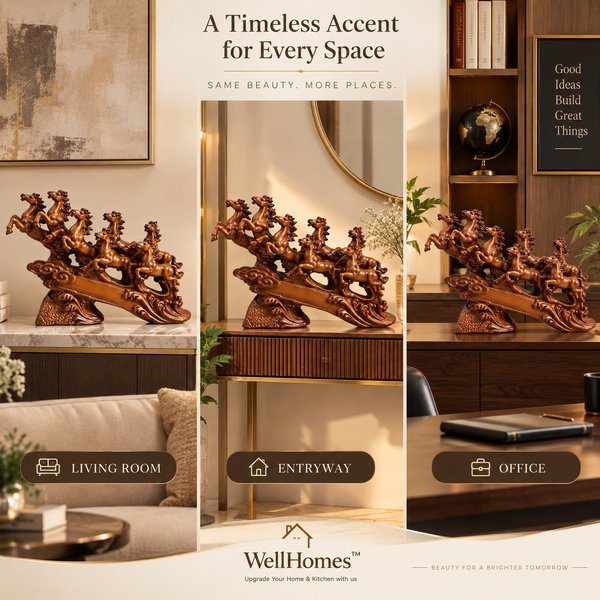 WellHomes™ 7 Running Horses Statue for Home Decor – 19 Inches Premium Brown Decorative Horse Showpiece for Living Room, Office & Entrance