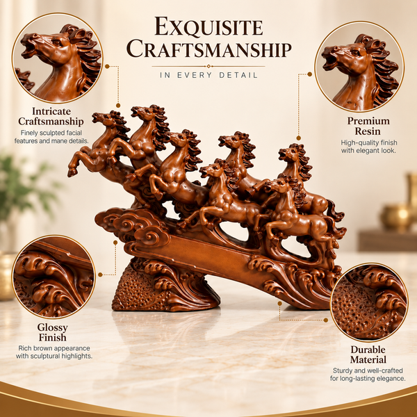 WellHomes™ 7 Running Horses Statue for Home Decor – 19 Inches Premium Brown Decorative Horse Showpiece for Living Room, Office & Entrance