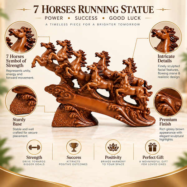 WellHomes™ 7 Running Horses Statue for Home Decor – 19 Inches Premium Brown Decorative Horse Showpiece for Living Room, Office & Entrance
