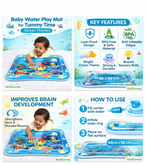 Inflatable Baby Water Play Mat – Tummy Time Activity & Sensory Development Toy - Wellhomes™