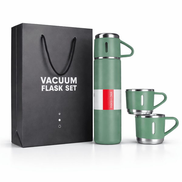 Insulated Thermos Flask Set with 2 Cups – Stainless Steel Hot & Cold Bottle for Travel, Office & Gifting - Wellhomes™
