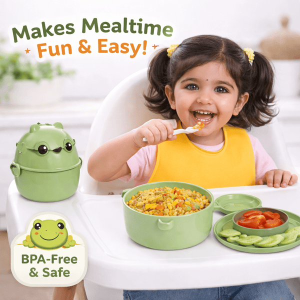 Kids Lunch Box with Feeding Bowl Set – Cartoon Design with Lid & Spoon (BPA - Free) - Wellhomes™