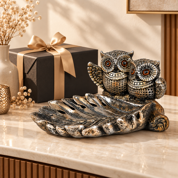 WellHomes™ Owl Couple Decorative Tray Showpiece – Antique Silver Metal Owl Figurine for Living Room, Tabletop & Home Décor