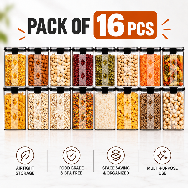 WellHomes Airtight Food Storage Containers Set of 16 | 16×1100ml | Transparent Kitchen Storage & Pantry Organizer