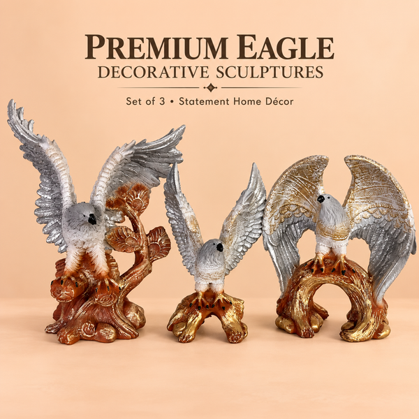 Eagle Statue Set of 3 for Home Décor | Premium Decorative Eagle Sculptures | Silver & Gold Finish