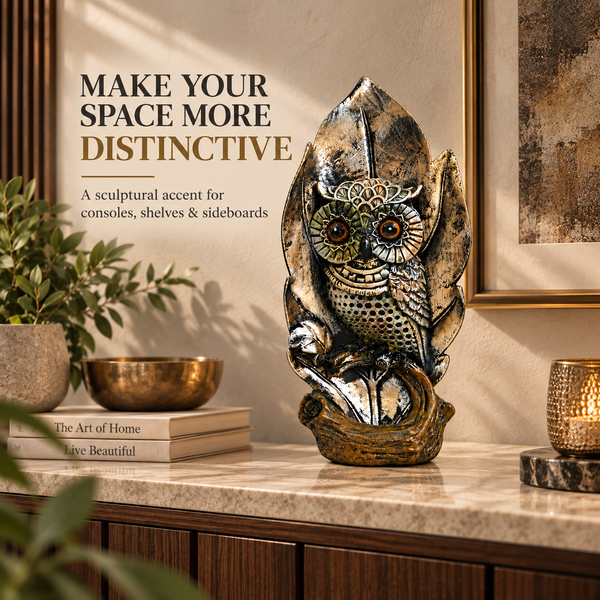 WellHomes™ Antique Owl Sculpture Showpiece | Artistic Owl Figurine for Home Décor | Black, Gold & Bronze Finish