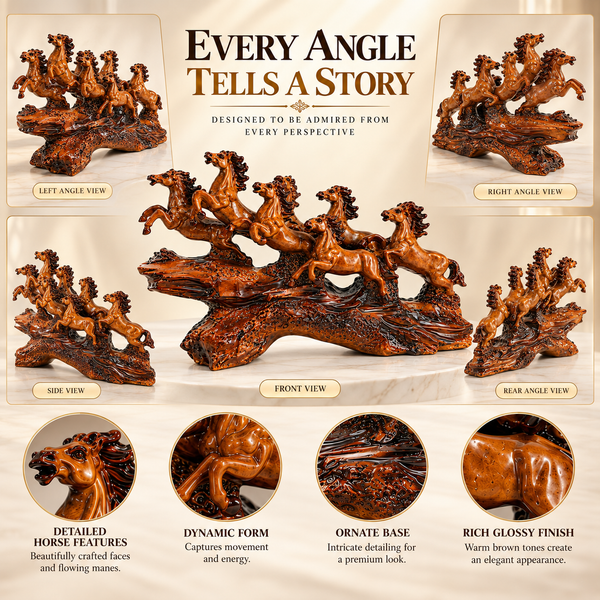 WellHomes™ 7 Running Horses Statue for Home Decor – 9Inches Premium Brown Decorative Horse Showpiece for Living Room, Office & Entrance