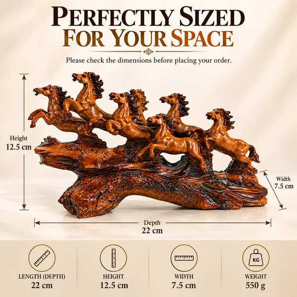 WellHomes™ 7 Running Horses Statue for Home Decor – 9Inches Premium Brown Decorative Horse Showpiece for Living Room, Office & Entrance