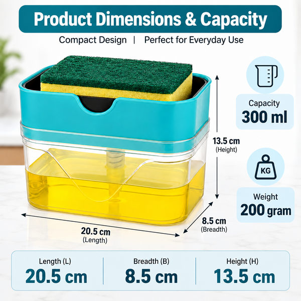 WellHomes 2-in-1 Dish Soap Dispenser with Sponge Holder | Kitchen Sink Organizer|300ml