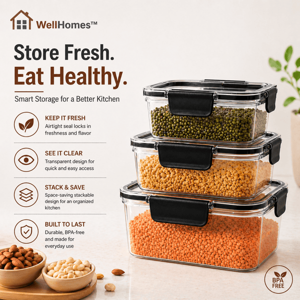 Wellhomes™ - Air - Tight Kitchen Storage Containers | Transparent BPA - Free Plastic Boxes with Black Lids |Stackable and Reusable Food Organizer for Grains, Snacks, Pulses, Spices. - Wellhomes™