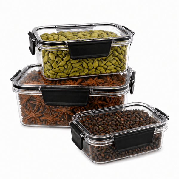 Wellhomes™ - Air - Tight Kitchen Storage Containers | Transparent BPA - Free Plastic Boxes with Black Lids |Stackable and Reusable Food Organizer for Grains, Snacks, Pulses, Spices. - Wellhomes™