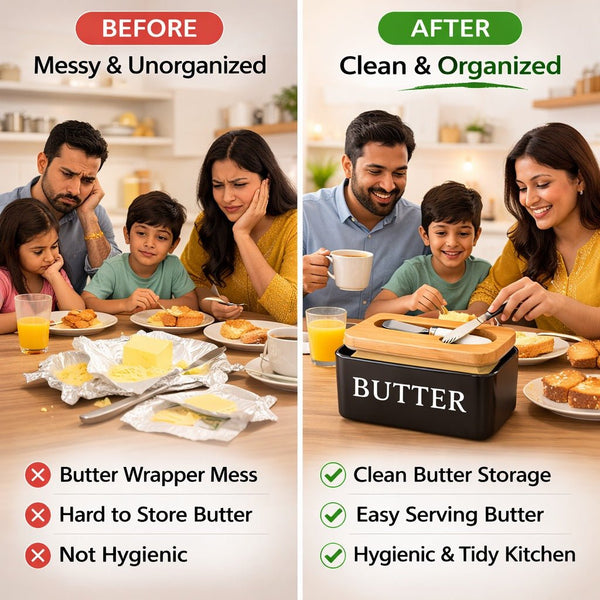 Wellhomes™ Ceramic Airtight Butter Storage with Bamboo Lid & Butter Knife | Kitchen Butter Keeper. - Wellhomes™