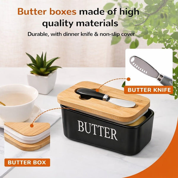 Wellhomes™ Ceramic Airtight Butter Storage with Bamboo Lid & Butter Knife | Kitchen Butter Keeper. - Wellhomes™