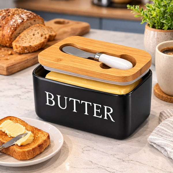 Wellhomes™ Ceramic Airtight Butter Storage with Bamboo Lid & Butter Knife | Kitchen Butter Keeper. - Wellhomes™