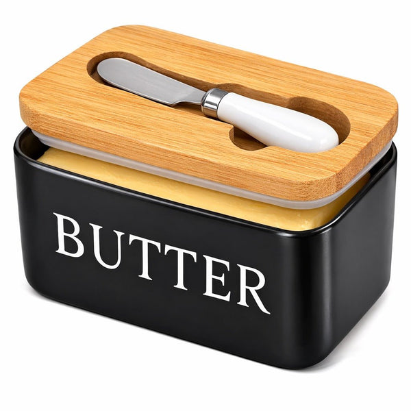 Wellhomes™ Ceramic Airtight Butter Storage with Bamboo Lid & Butter Knife | Kitchen Butter Keeper. - Wellhomes™