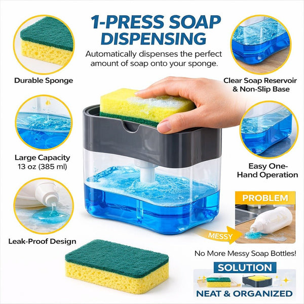 2 - in - 1 Soap Dispenser with Sponge Holder | Press Dish Soap Pump for Kitchen Sink - Wellhomes™