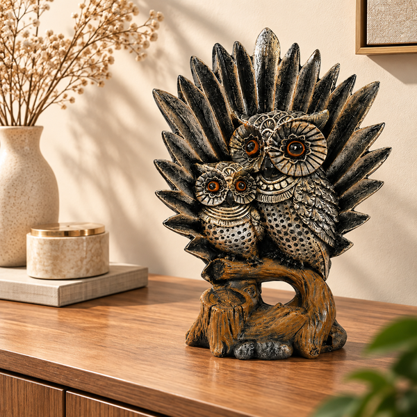 WellHomes™ Owl Family Decorative Statue – Antique Silver Owl Family Figurine with Tree Base for Home Décor