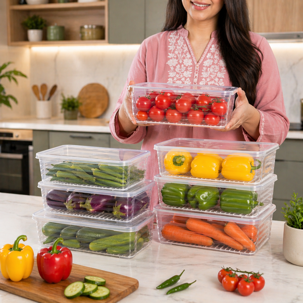 Wellhomes™ Fridge Organizer Storage Boxes Set of 6 (2000 ml Each) with Drain Plate | BPA-Free Stackable Refrigerator Containers for Fruits, Vegetables & Kitchen Storage