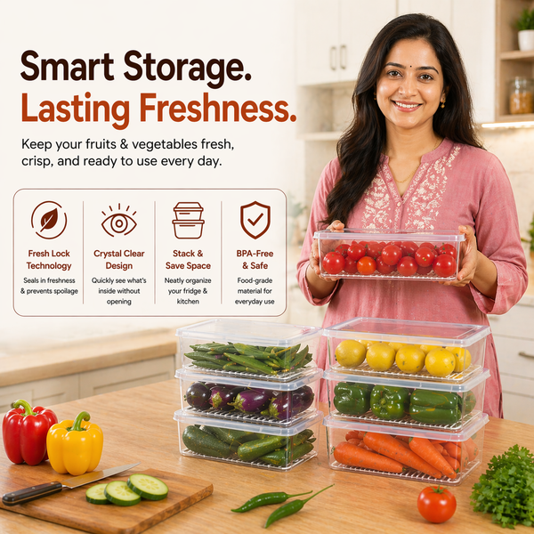 Wellhomes™ Fridge Organizer Storage Boxes Set of 6 (2000 ml Each) with Drain Plate | BPA-Free Stackable Refrigerator Containers for Fruits, Vegetables & Kitchen Storage