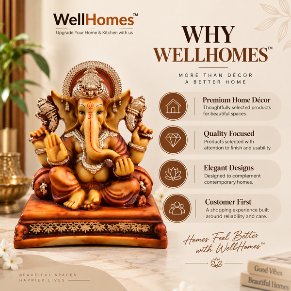 WellHomes™ Premium Lord Ganesha Idol | Antique Finish Ganesh Statue for Home, Office & Puja Décor