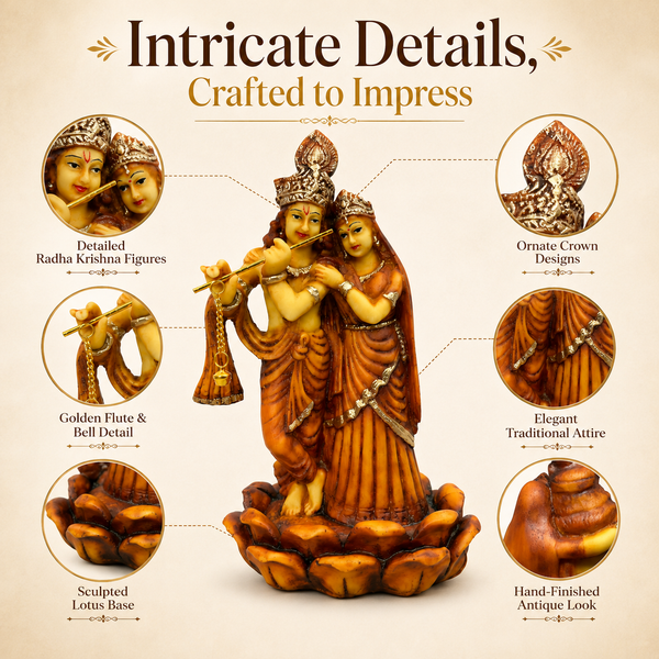 Radha Krishna Statue on Lotus Base, Antique Brown Decorative Idol for Home Décor