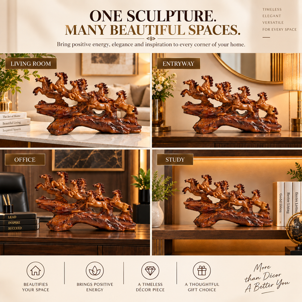 WellHomes™ 7 Running Horses Statue for Home Decor – 15Inches Premium Brown Decorative Horse Showpiece for Living Room, Office & Entrance