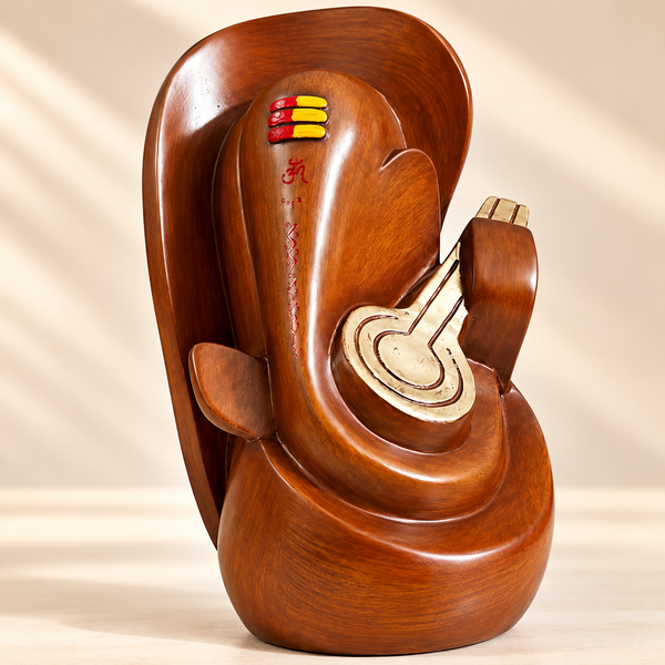 WellHomes™ Wooden Veena Ganesha Statue – Premium Brown Ganesh Idol for Home Décor, Pooja Room & Gifting