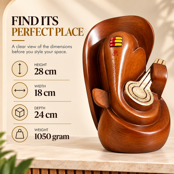 WellHomes™ Wooden Veena Ganesha Statue – Premium Brown Ganesh Idol for Home Décor, Pooja Room & Gifting
