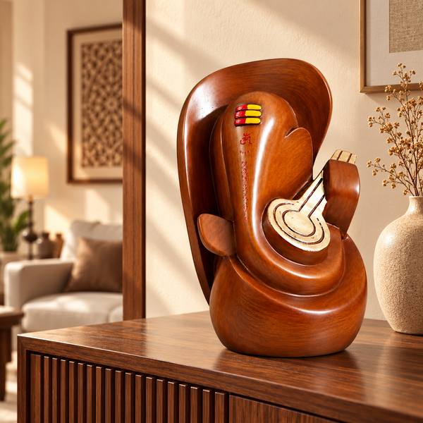 WellHomes™ Wooden Veena Ganesha Statue – Premium Brown Ganesh Idol for Home Décor, Pooja Room & Gifting