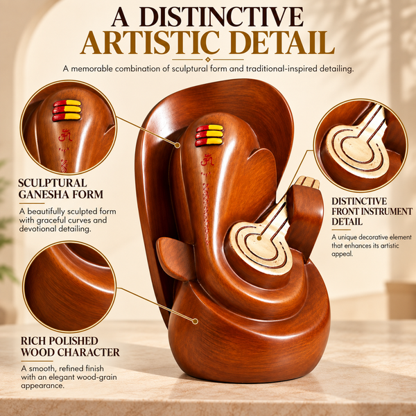 WellHomes™ Wooden Veena Ganesha Statue – Premium Brown Ganesh Idol for Home Décor, Pooja Room & Gifting