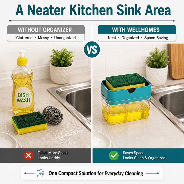 WellHomes 2-in-1 Dish Soap Dispenser with Sponge Holder | Kitchen Sink Organizer|300ml