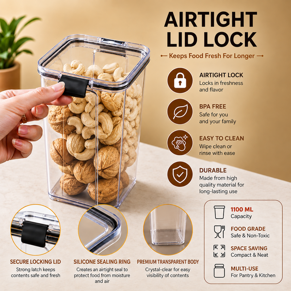 WellHomes Airtight Storage Containers Set of 16 | 8×700ml + 8×1100ml | Transparent Kitchen Pantry Containers (Copy)